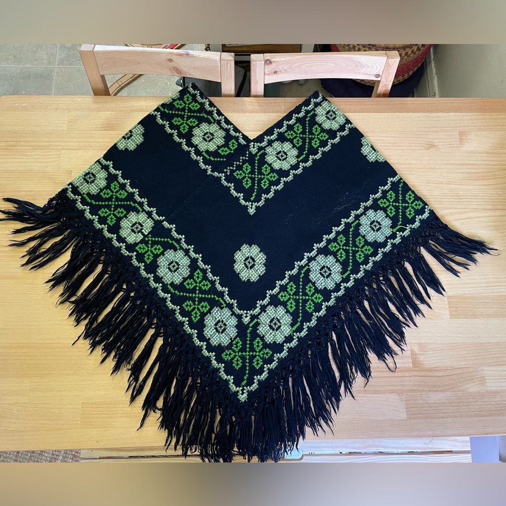 Black and Green Fringed Poncho